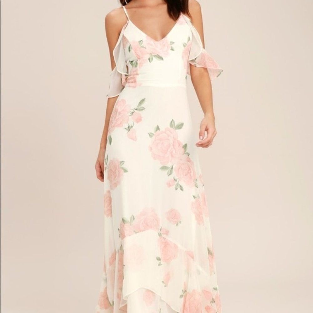 Lulus White Pink Rose Floral Cold Shoulder Maxi Dress V-Neck Tiered Small
